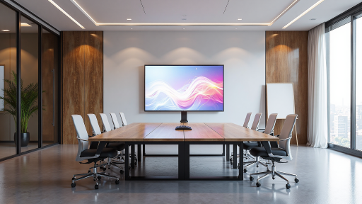 Professional conference room with presentation screen showing AI technology concepts, business professionals attending, modern meeting environment