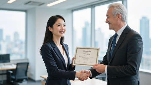 Award ceremony with professional business setting, recognition plaque, formal business attire, celebratory atmosphere