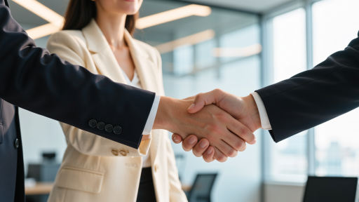 Business partnership meeting with executives shaking hands, modern corporate office setting, professional collaboration environment