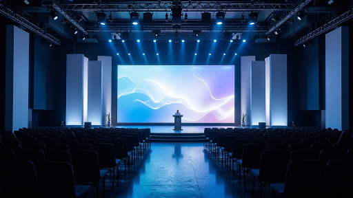 Product launch event with modern technology demonstration setup, professional business setting, high-tech equipment display