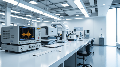 Research laboratory with scientists working on advanced computer systems, high-tech equipment, scientific research environment